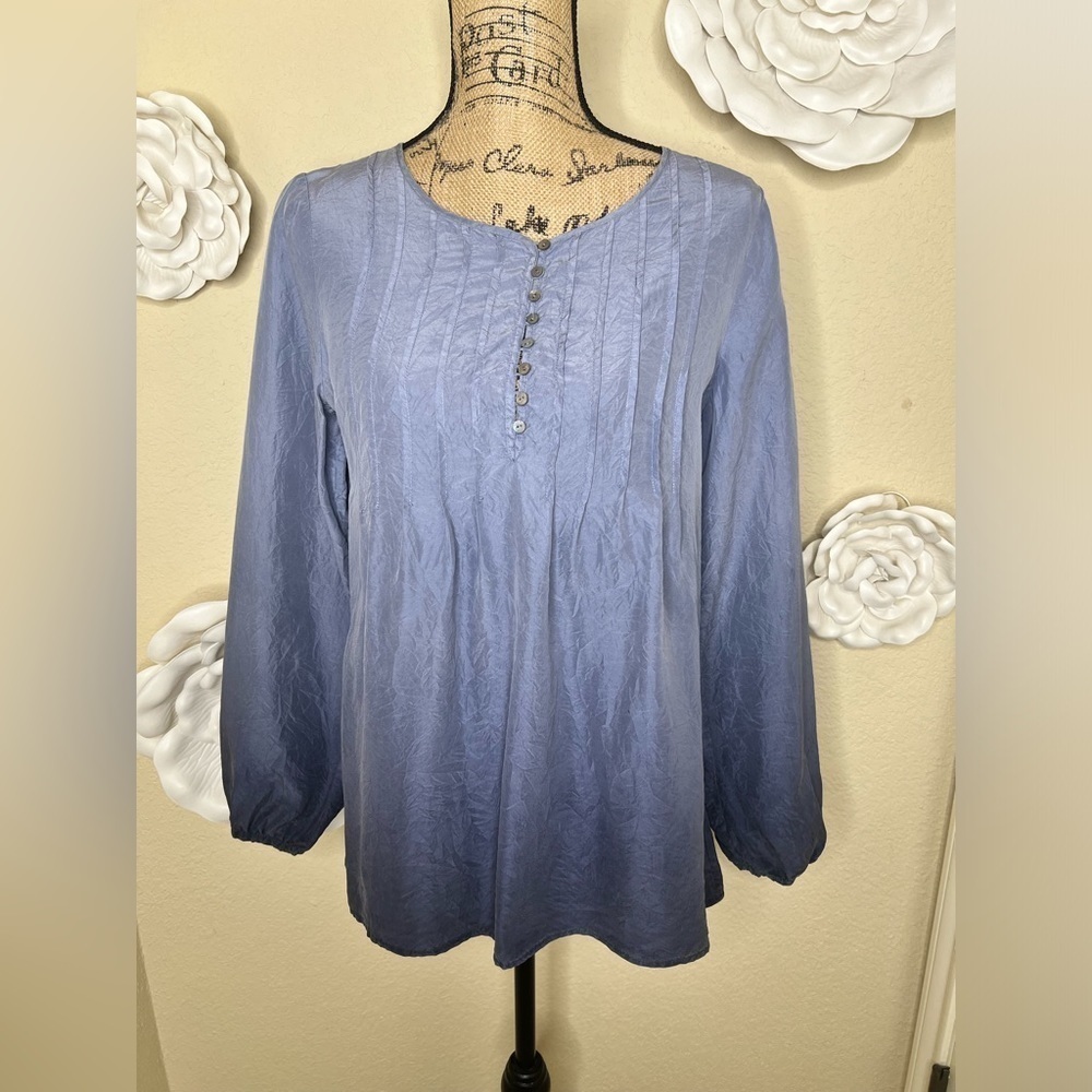 J.Jill 100% Silk Blue Ombré Boho Peasant Crinkle Style Blouse Size XS